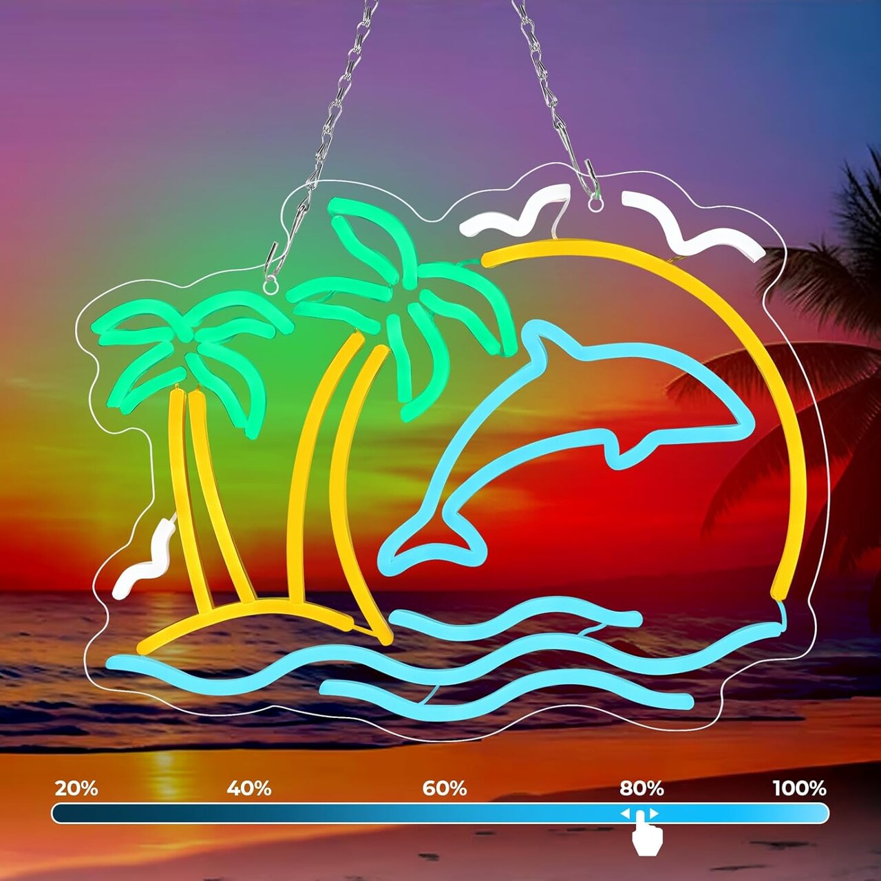 Summer Palm Tree & Dolphin Neon Signs for Wall Decor, Summer Sunrise Wave LED Light Signs for Bedroom, Tropical Neon Lights Signs
